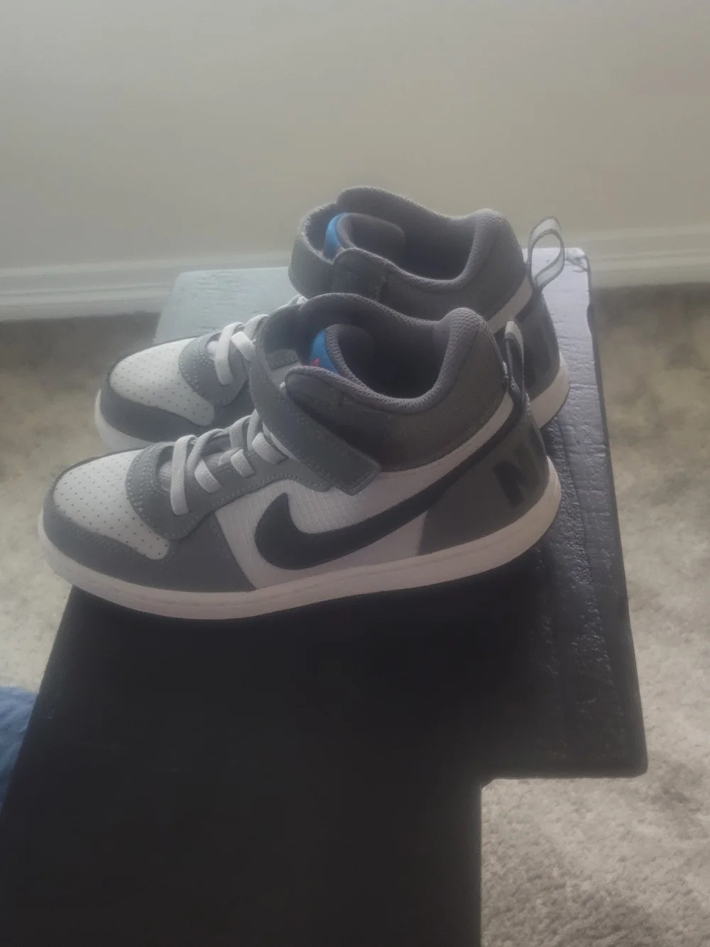 Nike Kids Gray and White High-Top Sneakers with Blue Accent